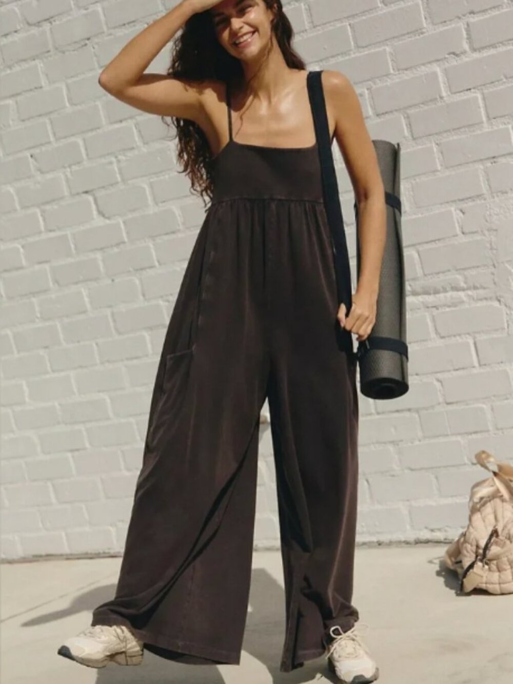 Free People Hot Shot Strappy Onesie Washed Black